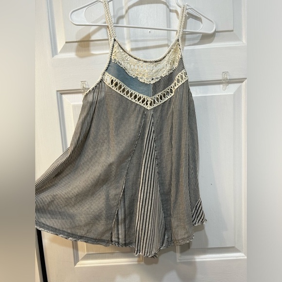 Free People M Blue Work Wearin It Handkerchief Rope Trim Stripe Tank Boho Hippie - Picture 1 of 8